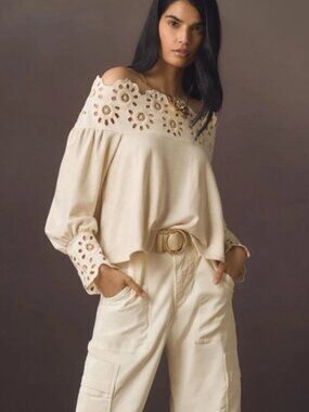 Maeve Anthropologie Eyelet Babydoll Blouse Top Embroidered Off The Shoulder XS